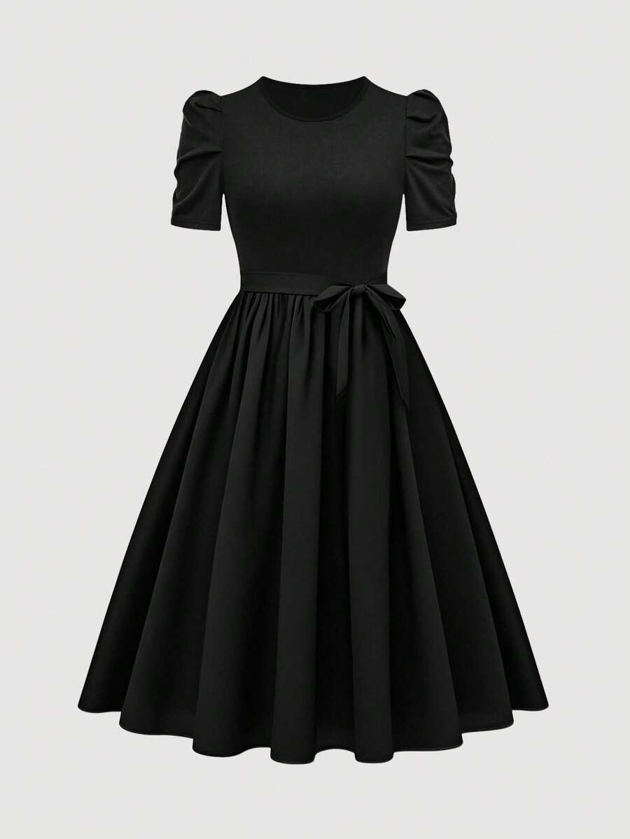 Breezaya Vestido de manga corta de longitud media con cinturón de cintura de unicolor elegante para mujer - Negro - Ver 1