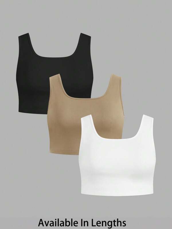 SHEIN PETITE CURVE 3 Stücke/Pack schwarze, weiße und graue Damen Sommer Tank Tops mit Rundhalsausschnitt, ultra-kurz, tailliert geschnitten