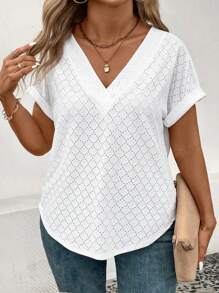 SHEIN VCAY Nueva camiseta de manga corta suelta con cuello en V de jackard para mujer de talla grande de moda casual