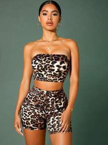 SHEIN SXY Leopard Two Pieces Outfits:Leopard Print Tube Top And Leopard Print Shorts Summer Shorts Set - Brown - View 1