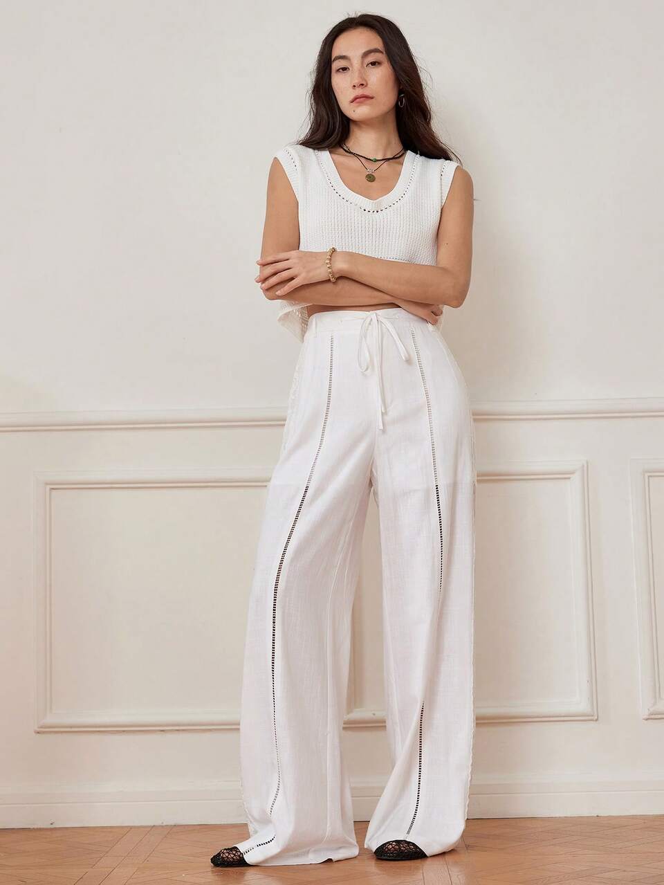 Linen Leisure Vacation Style Hollow Out Lace Up Drawstring Waist Women's Wide Leg Pants Business Casual Woman Work Clothes
