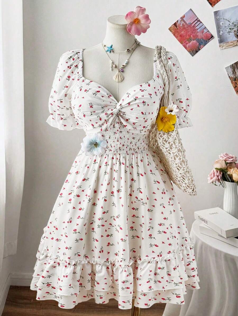 Flirla Plus Size Women's Spring/Summer Square Neck Twisted Chest Short Sleeve Ruched Double Hem Ditsy Floral White Knee-Length Dress - White - View 1