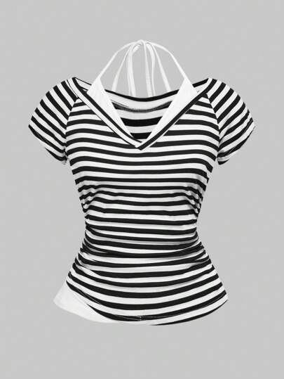 Grunge Punk Maglietta da donna a maniche corte, stile Y2K, sexy, con fiocco, scollo a V e righe a contrasto, primavera