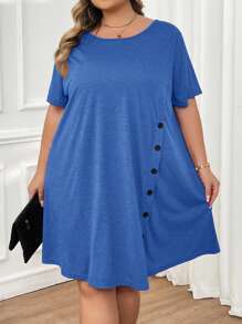 SHEIN CURVE+ Vestido con detalle de botones y dobladillo asimétrico talla grande, Atuendos de verano para mujer, Vestidos de verano para mujer, Atuendos de playa para mujer/Vestido de playa/Atuendos de vacaciones en la playa/Esenciales de playa/Graduación/Vestido de fiesta de té de verano/Campo/Atuendos de vacaciones en la playa/Atuendos de playa/Ropa de playa - Azul - Ver 6