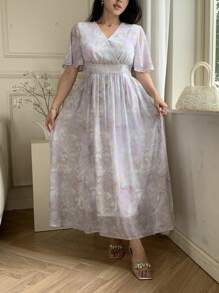 DAZY Damen Kleid mit V-Ausschnitt und Kurzarm, modischer Sommerstil - Violett - Übersicht 9