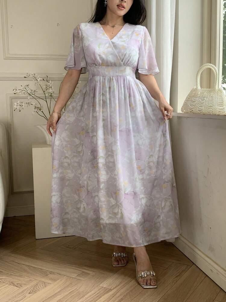 Women V-Neck Short Sleeve Dress, Fashion Summer Floral Dresses For Women