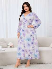 Modelyn Plus Size Women Tie-Dye V-Neck Lantern Sleeve Elegant Midi Dress - Multicolor - View 4