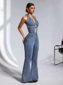SHEIN ICON 女士休闲日常水洗镂空露背连体裤 - 藍色 - 查看 6
