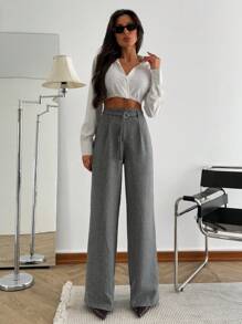 EURMUSE Women Wool Effect Solid Color Wide Leg Pants - Grey - View 3