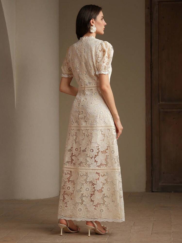 Floral Lace Hollow-Out Ruffle Trim Elegant Chiffon Dress, Ideal For Spring, Summer, Festivals, Holidays, Vacations