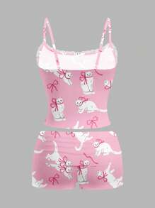 Vecteezy Y2k 女式夏季性感蕾丝猫咪印花针织吊带背心和短裤两件套 - 粉色 - 查看 2