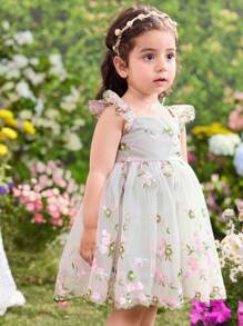 Baby Girl Woven Embroidered Mesh Square Collar Puff Sleeve Dress - Multicolor - View 4