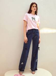 MOTF STUDIO RHINESTONE DETAIL BOW EMBROIDERY T-SHIRT,VALENTINE'S DAY