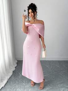 Elenzga 大码女式派对/宴会露肩荷叶边缎面珍珠装饰连衣裙，粉色 - 粉色 - 查看 5