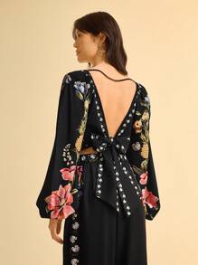 CAJUNI 女式波西米亚风热带花卉和菠萝印花深 V 领露背系带蝴蝶结灯笼袖休闲衬衫