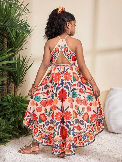 SHEIN Tween Girls' Casual Vacation Fashion Tropical Floral Print Sleeveless Camisole Backless Asymmetrical Hem Long Pants Ruched Patchwork Flared Dress For Beach Resort