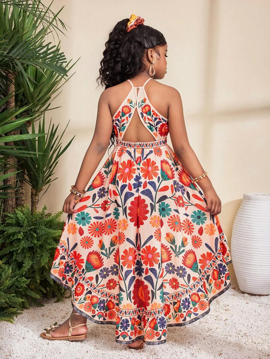 SHEIN Váy xòe xếp li không tay in họa tiết hoa nhiệt đới cho bé gái tuổi mới lớn, quần dài hở lưng, viền bất đối xứng, váy xòe chắp vá cho kỳ nghỉ ở bãi biển - Nhiều màu - Xem 1