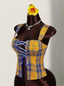 Amplova Metal Eyelet Lace-Up Plaid Sleeveless Blouse For Women