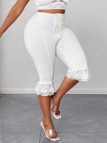 Maweii 2025 Women's Plus Size Elegant Sexy Solid Color Eyelet Decor Lace Trim Waist Tie Mid-Calf Pants, Bowknot Decor, Fashion Versatile High-End Design For Music Festival & Daily Wear