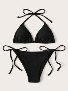 SHEIN Swim Summer Beach Mono Bikini Set Halter Triangle Bra Top & Tie Side Bikini Bottom 2 Piece Bathing Suit - Black - View 7