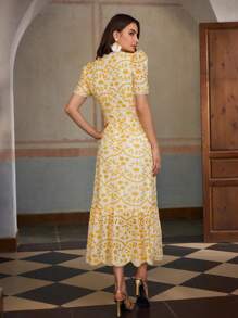 ZEYLAH 棉质短袖度假长款孔眼刺绣连衣裙 - 黃色 - 查看 3