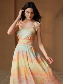 Anewsta Women's New Summer Camisole Long Dress With Waist Cinching And Yellow Floral Print