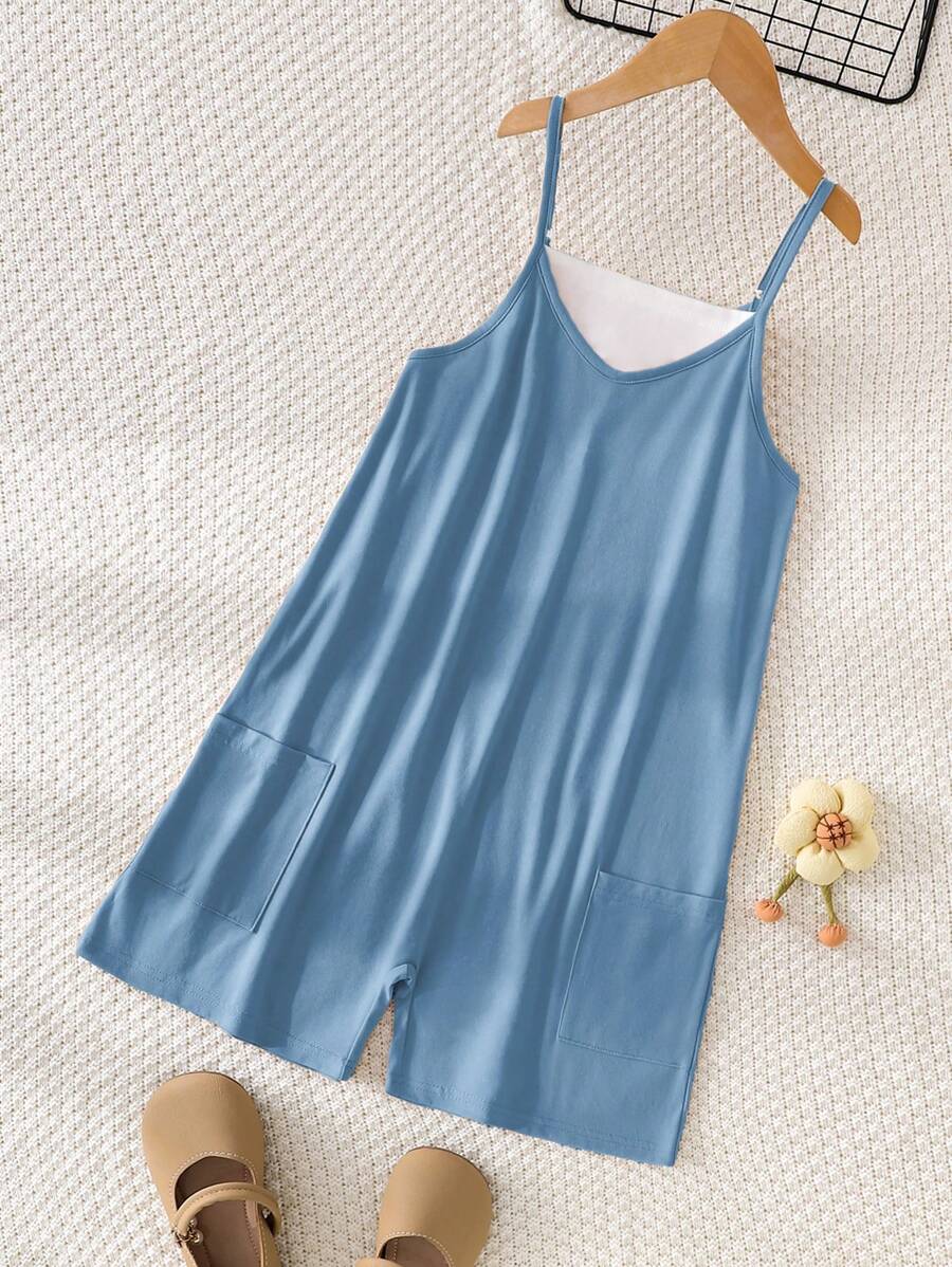 SHEIN 夏季女童双口袋拼色连体裤 - 藍色 - 查看 1