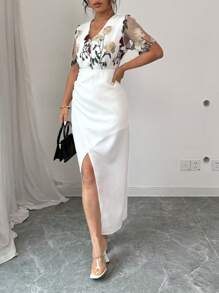 Breezaya Lace Mesh Patchwork Rose Slit Casual Commute Vacation Chiffon Dress For Women, Spring/Summer - Multicolor - View 3