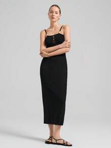 Ontre Elegantes langes schwarzes Trägerkleid für Sommers für Lehrerinnen, Büromode, Abschlussferien, Musikfestivals - Schwarz - Übersicht 1