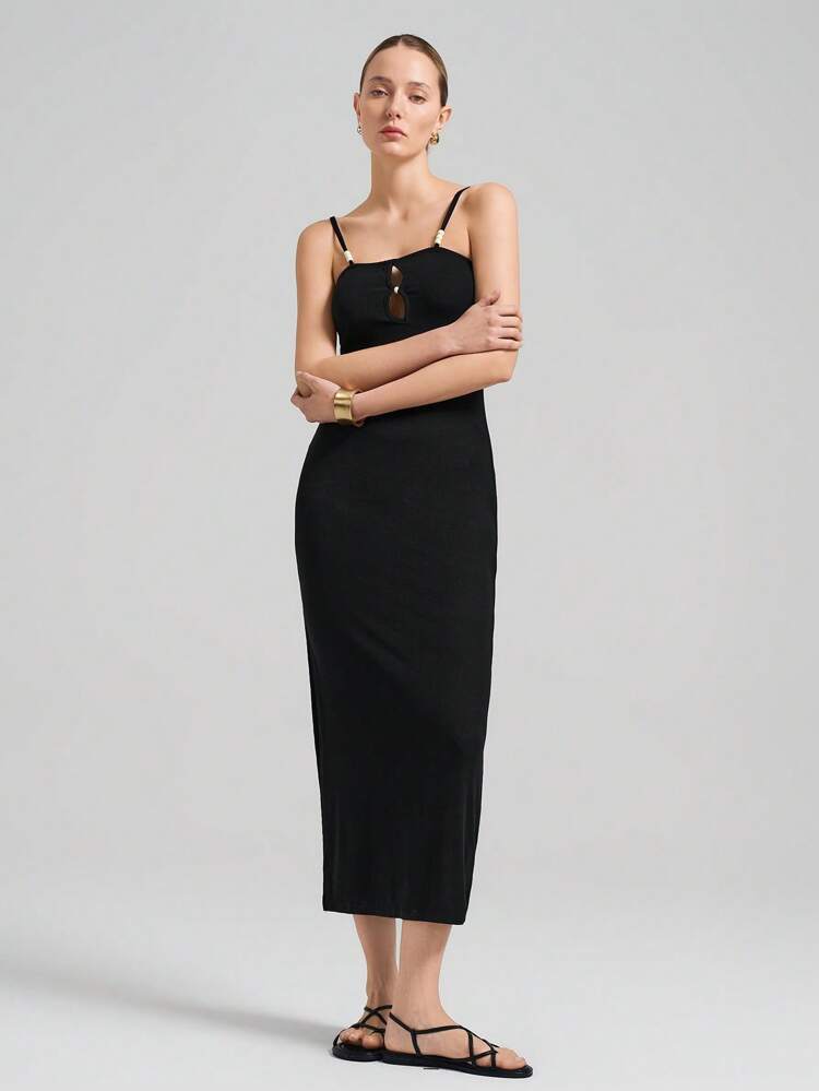 Women's Summer Elegant Black Suspender Long Dress For Teachers' Office Wear, Graduation Vacation Wear, Music Festival