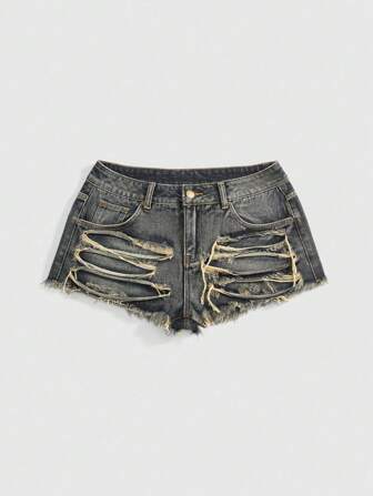 Grunge Punk Asymmetrische, abgenutzte Mini-Denim Shorts mit tiefer Taille für Frauen, Konzert