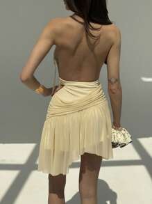 Aloruh 婚礼季节细肩带低胸领口露背修身不对称下摆杏色迷你连衣裙 - 杏色 - 查看 4