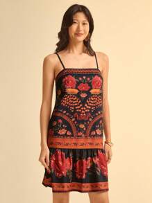 CAJUNI 女式热带彩色植物印花休闲沙滩黑色吊带短款连衣裙