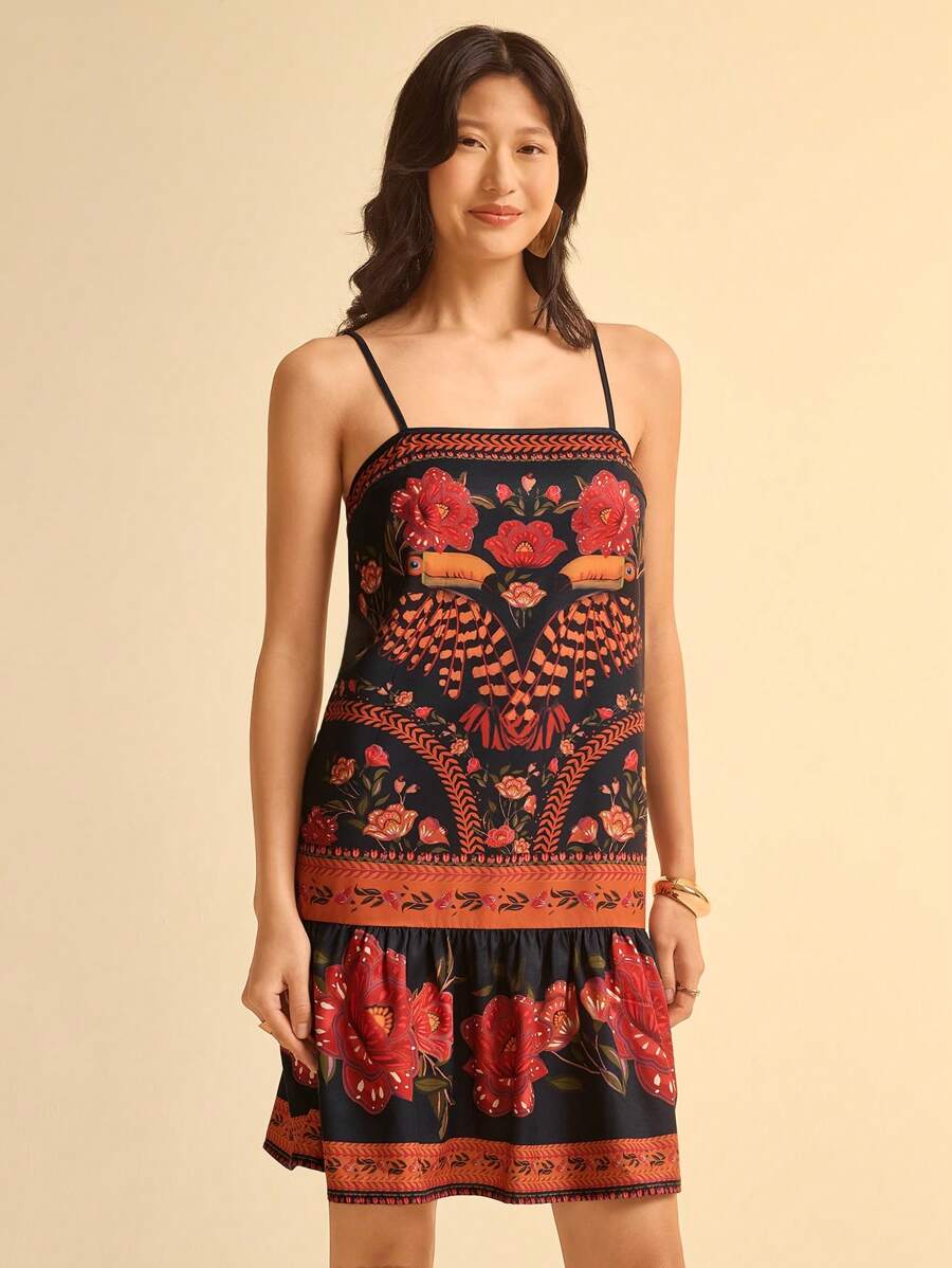 CAJUNI 女式热带彩色植物印花休闲沙滩黑色吊带短款连衣裙