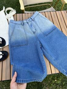 SHEIN Tween Jungen Mode Lässig Patch Details Farbverlauf Blau Dreiviertelhose mit weitem Bein für Kinderbekleidung, weiche Alltagskleidung und Kinder Sommer- und Frühjahrskleidung - Blau - Übersicht 6