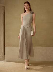 MOTF PREMIUM ASYMMETRICAL NECK STEREO FLORAL DETAILED DRESS - Khaki - View 1