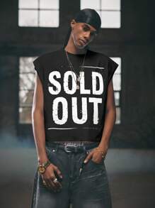 AXEPEAK Printed Letter Loose Round Neck Tank Top For Men, Streetwear Essential - Black - View 1