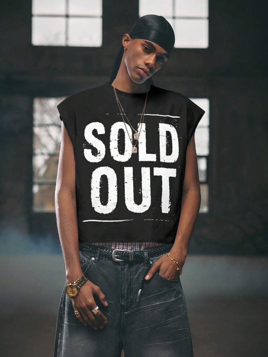 AXEPEAK Printed Letter Loose Round Neck Tank Top For Men, Streetwear Essential - Black - View 1