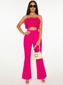 SHEIN SXY 2pcs/Set Women Ruched Strapless Red & Pink Pleated Decor Tube Top And Flared Pants Valentine Outfit - Hot Pink - View 3
