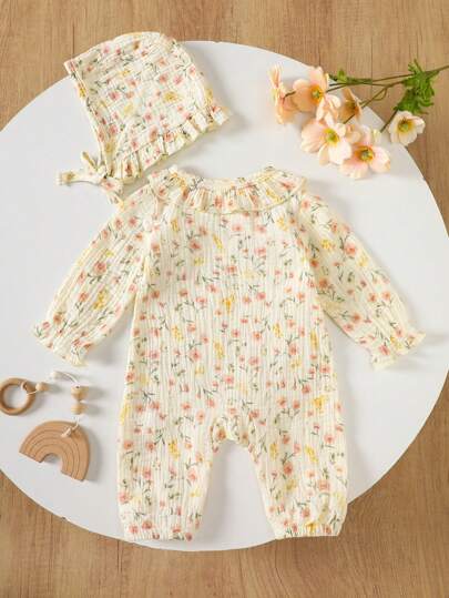 SHEIN Bộ đồ mặc nhà dài tay in họa tiết hoa màu mơ cho bé gái sơ sinh kèm mũ, thoải mái và giản dị