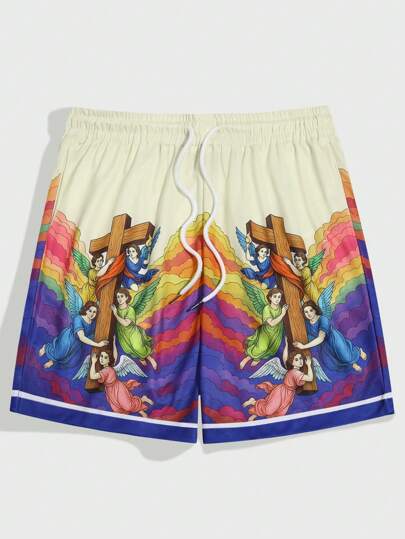 Men's Cross Print Drawstring Waist Casual Loose Shorts