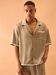 Musero Satin Contrast Binding Button Through Short Sleeve Shirt Only Summer Streetstyle Vacation Smart - Light Grey - View 5