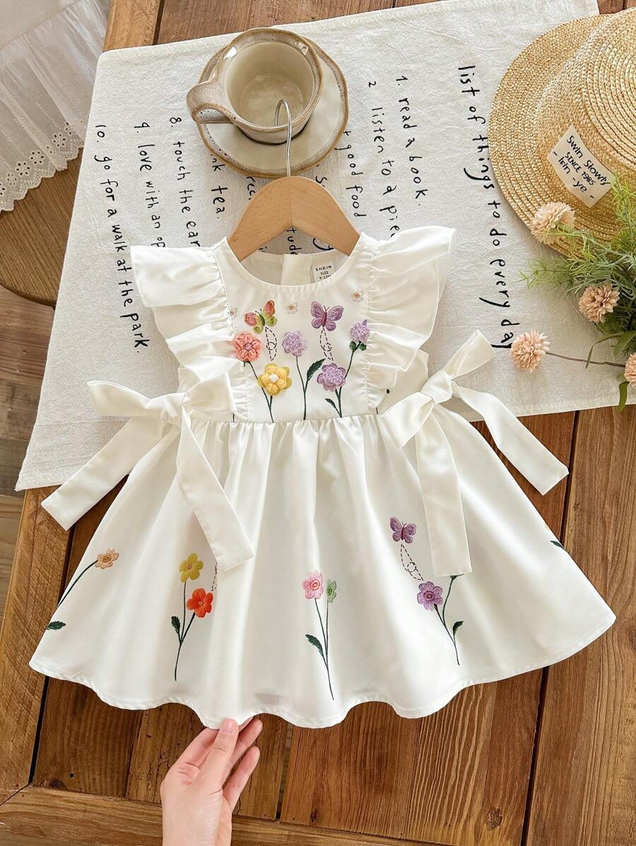 LMoss Kids 女婴花卉图案荷叶边领休闲针织连衣裙 - 白色 - 查看 1