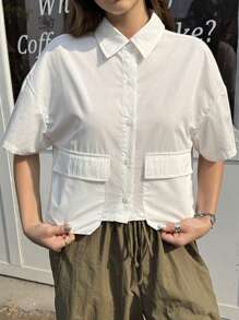 SHEIN Leap Crew Teen Girls' Casual Loose Comfort Short Sleeve Collared Crop Top With Large Pockets