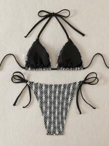 SHEIN Swim 2 piezas Conjunto de bikini de mujer sexy con escote halter de punto jacquard con lazo, para verano - Blanco y Negro - Ver 2
