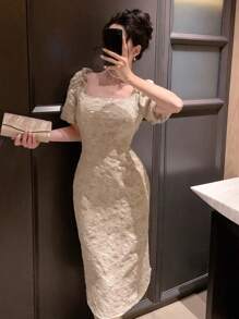 DAZY 女士碎花方领泡泡袖中长连衣裙 舞会礼服 优雅女装 - 杏色 - 查看 8