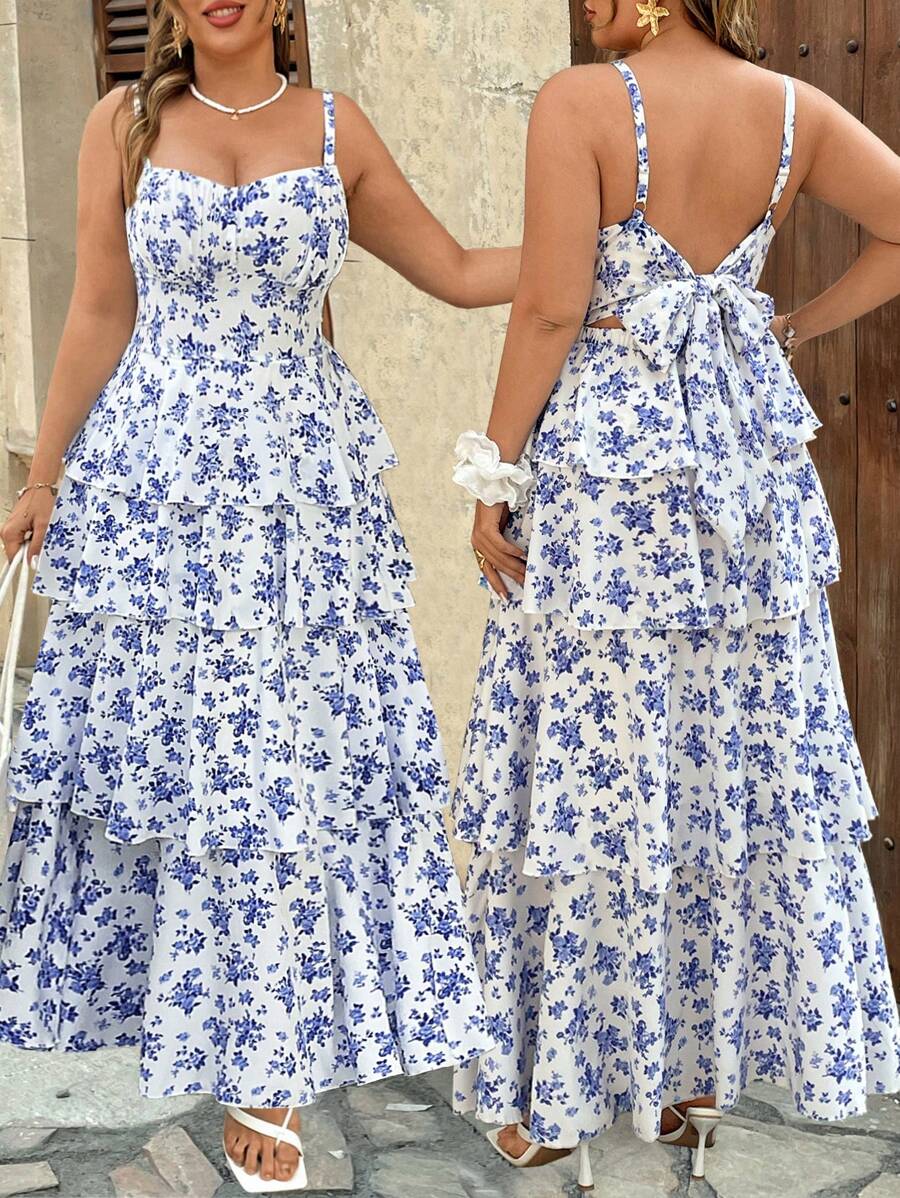 Breezaya 大码波西米亚风碎花无袖长裙，夏季休闲度假装 - 粉色 - 查看 1