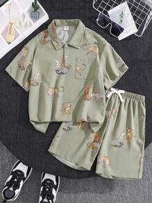 SHEIN 2pcs Kids/Tween Boys' Casual Versatile Tiger Print Polo Collar Half-Zip Short Sleeve Top And Shorts Set, Suitable For School, Garden, Beach, Birthday, Spring, Summer, Autumn, Winter Seasons