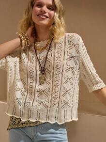 Bóhologie Boho Bohemia Women Clothing Women Summer Clothes Vacation Crew Round Neck Hollow Out Crochet Drop Shoulder Knitted Cover Up Top For Summer Vibes Summer Tops Women Knit Tops Knitted Tops - Apricot - View 1