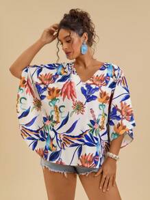 Travachic 大码女式V领花卉印花蝙蝠袖宽松度假衬衫